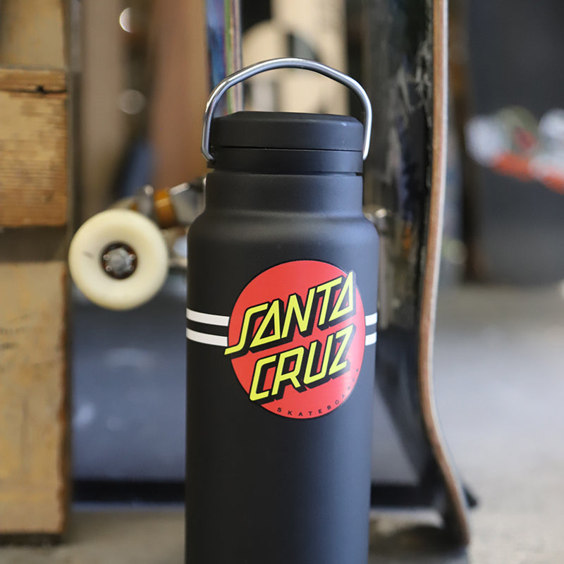 Black water bottle with Santa Cruz logo with skateboard in back